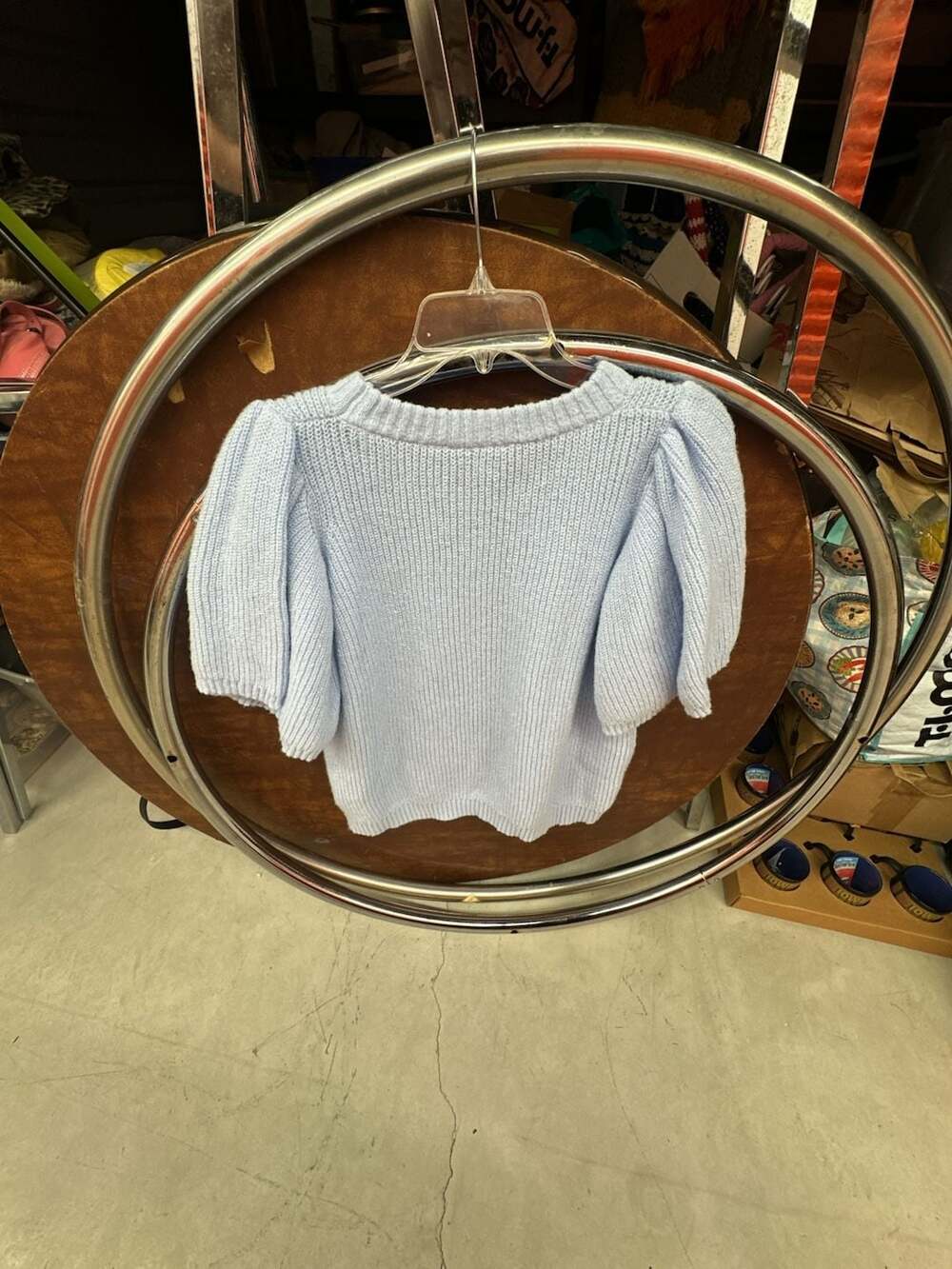 Mud Pie Women's Light Blue Puff Short Sleeve Knit Sweater